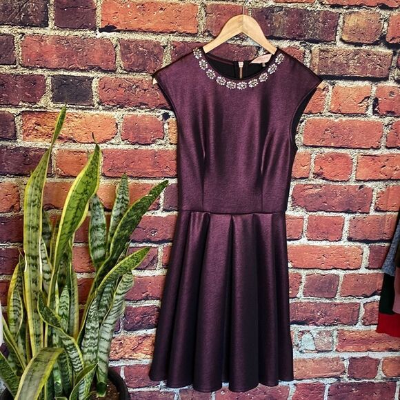 TED BAKER 0 US 2 Ayma Embellished Oxblood Metallic Fit & Flare Skater Dress Prom - Picture 4 of 12